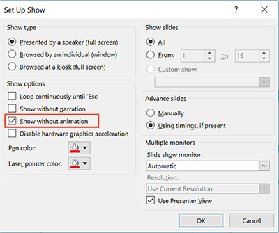 How to disable all animations in a PowerPoint presentation