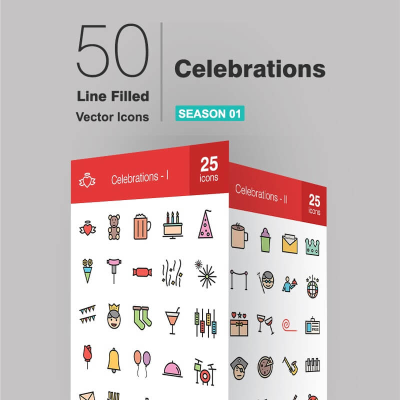 50 Celebrations Filled Line Iconset Template