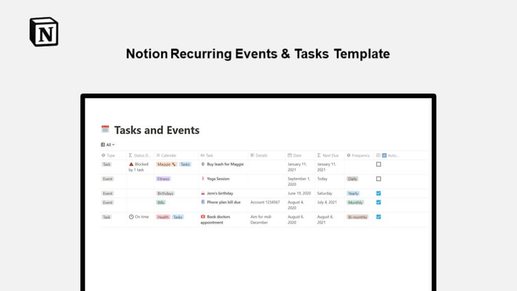 Free Notion Recurring Events & Tasks Template