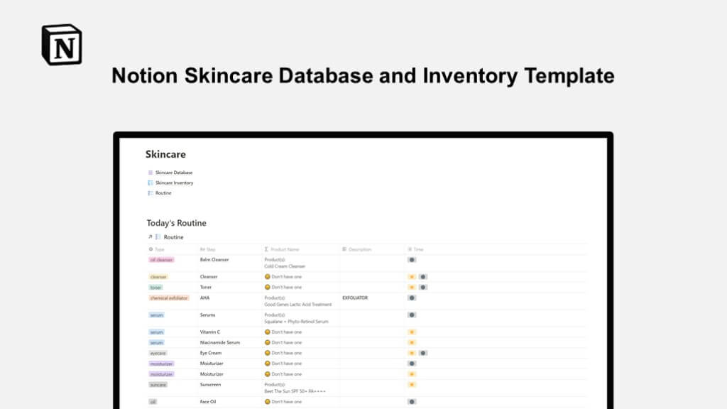 Notion Skincare Database and Inventory Template