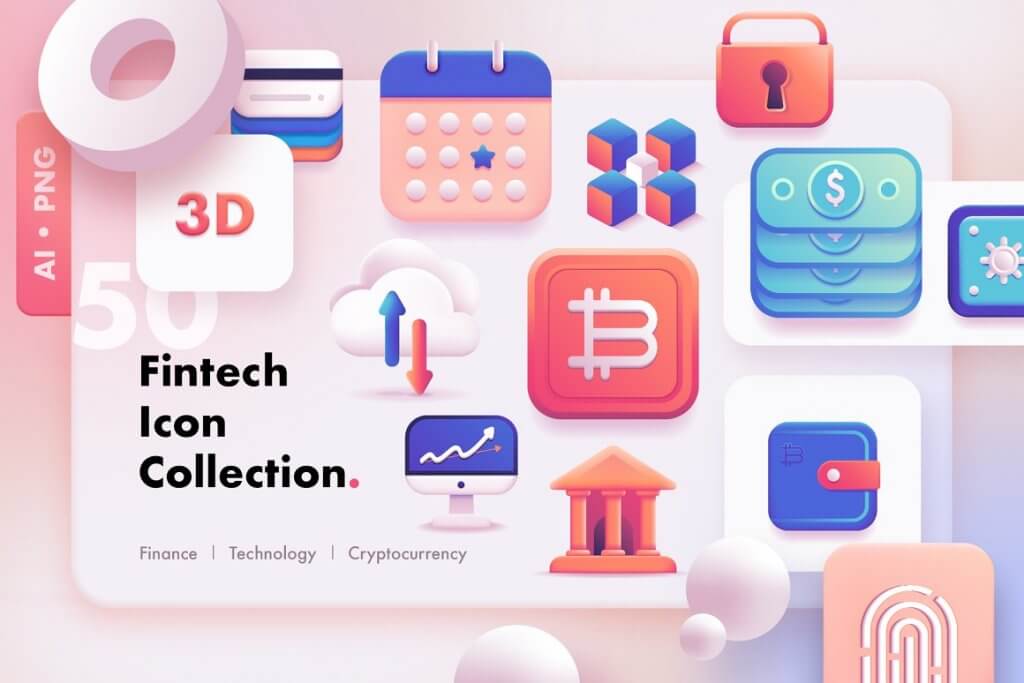 3D Fintech Icon Collection, Neumorphic Icon Pack
