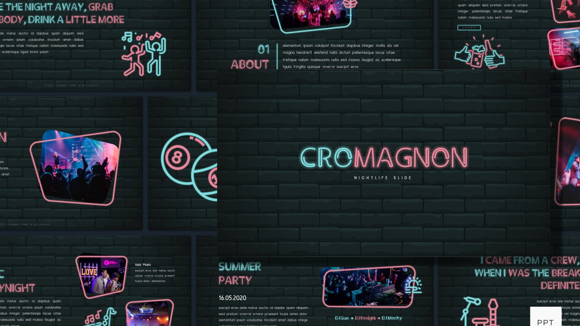 Cromagnon - Creative Nightlife PowerPoint Template Free Download (9 Slides)