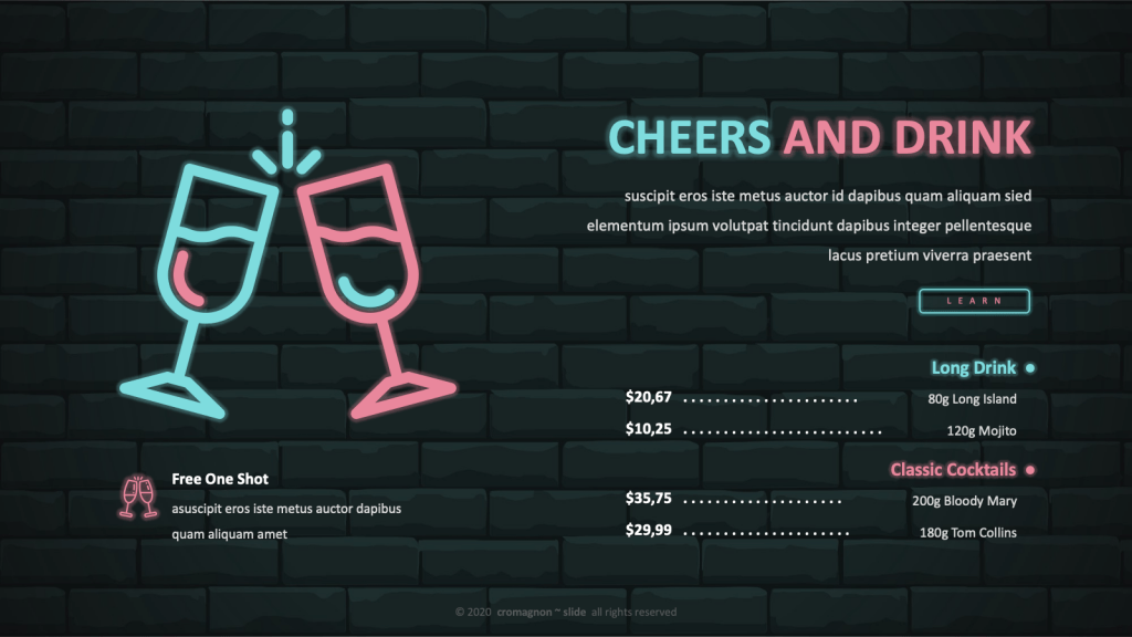 Cheers and drink menu slide design for nightlife club