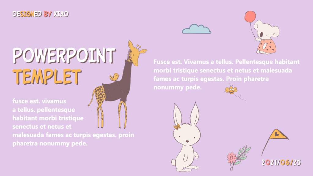 This is the third screenshot of the Cute Animal Google Slides Template, which includes giraffe, elephant, rabbit，and a purple background