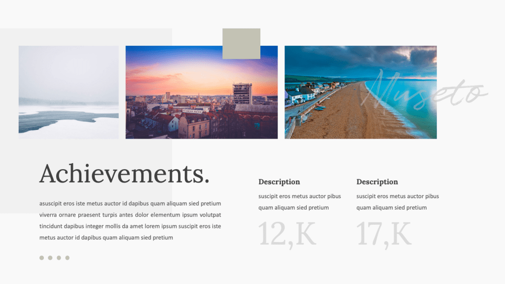 Achievements page with number and picture, from Cover page of Musetto Powerpoint Template