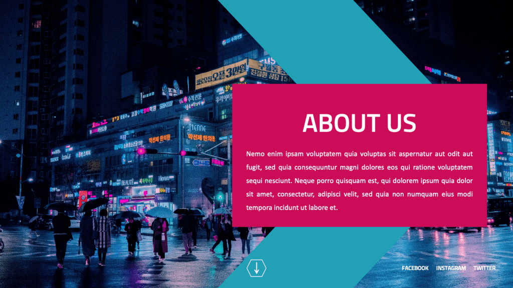 about us page of Neorema Free Midnight Powerpoint Template with a Korea street