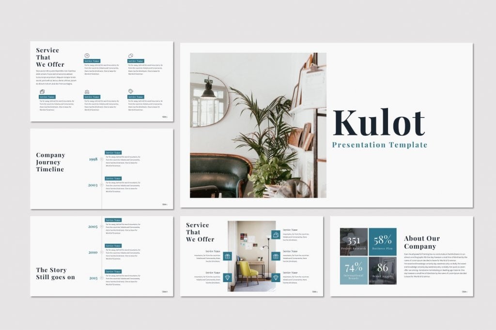 Kulot Elegant PowerPoint Presentation Template Preview: service that we offer, company journey timeline, the story still goes on, about our company