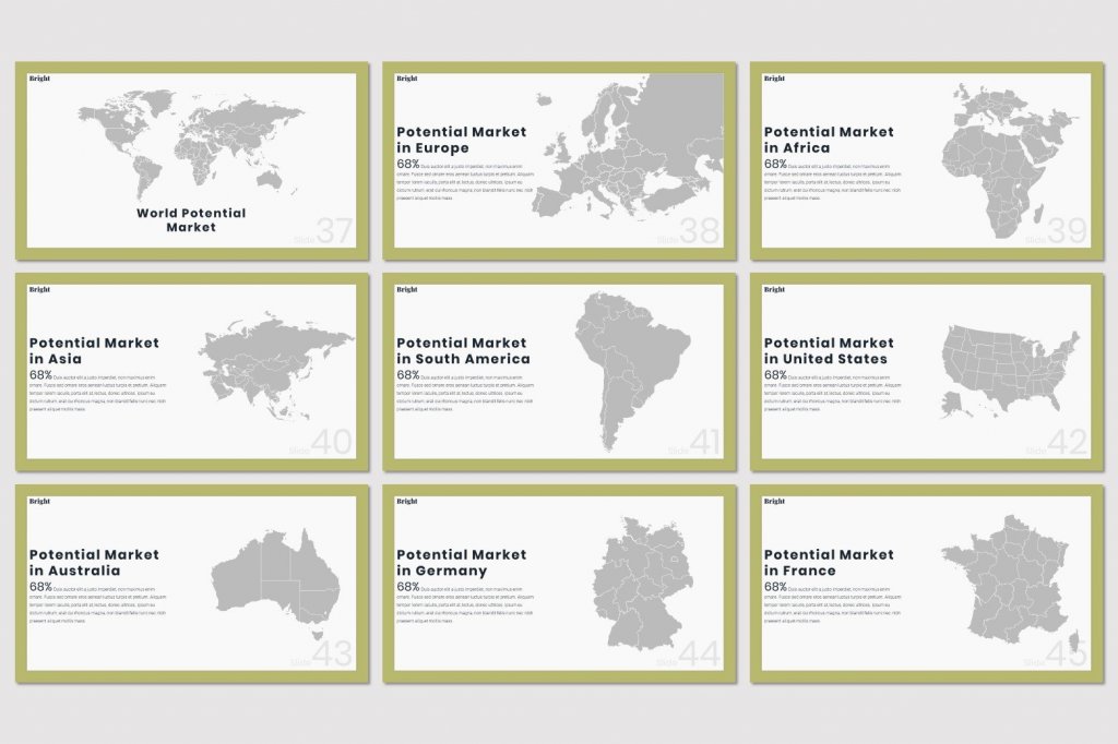 BBright PowerPoint presentation template preview: world potential market in europe, africa, sia, south america, United States, Australia, Germany, and France