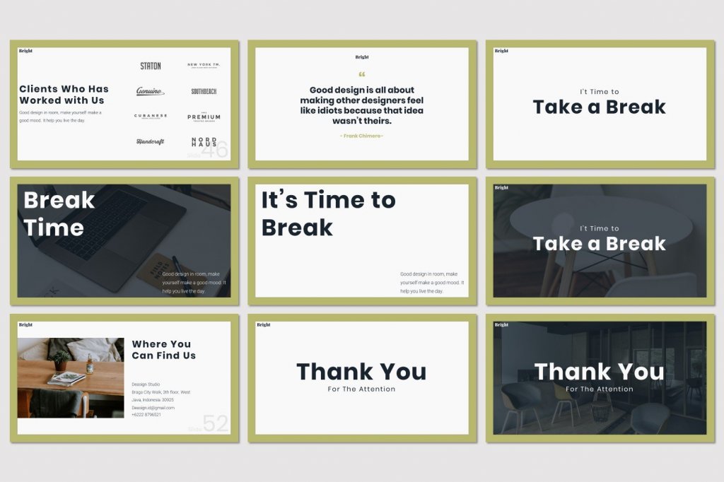 BBright PowerPoint presentation template preview: clients who has worked with us, take a break, break time, thank you for the attention, where you can find us