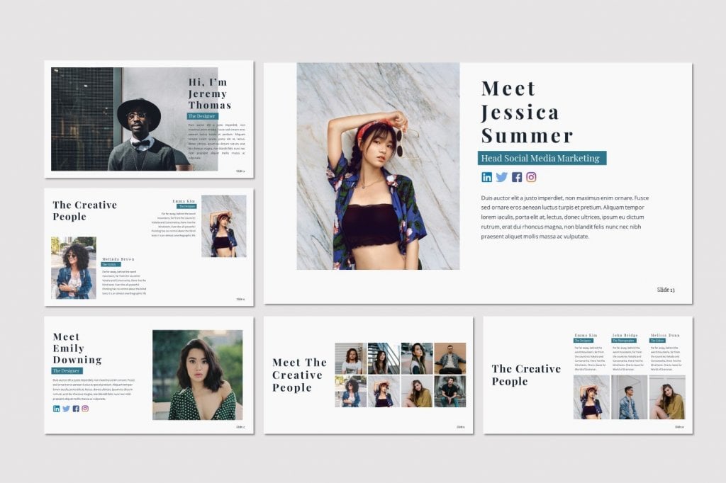 Kulot Elegant PowerPoint Presentation Template Preview: meet jessica summer, the creative people, meet Emily Downing