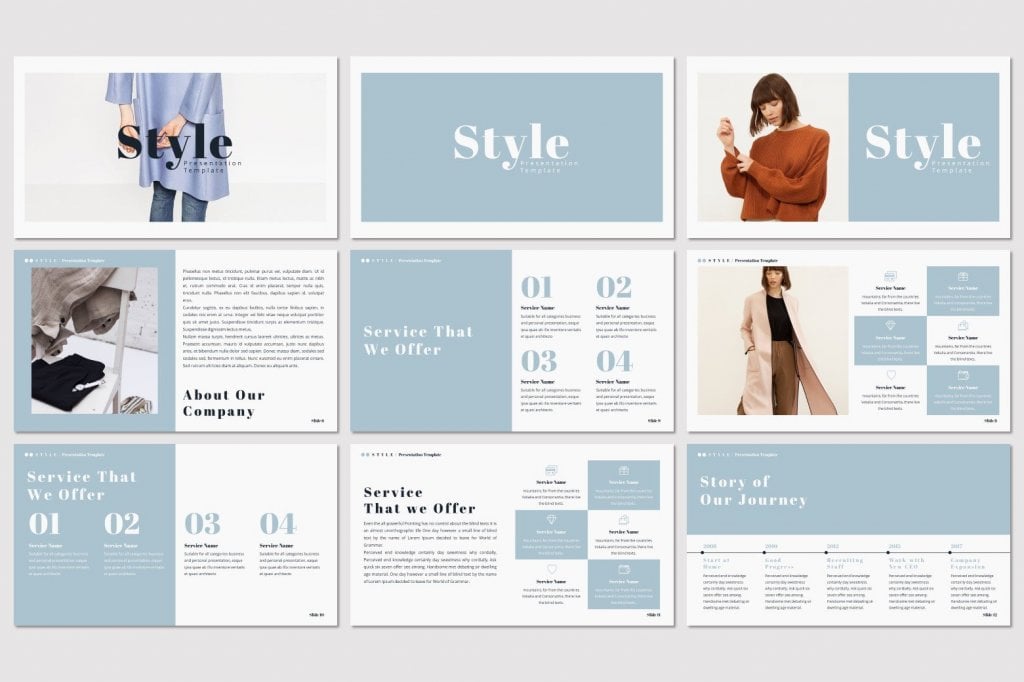 Style presentation template preview: about our company, service that we offer