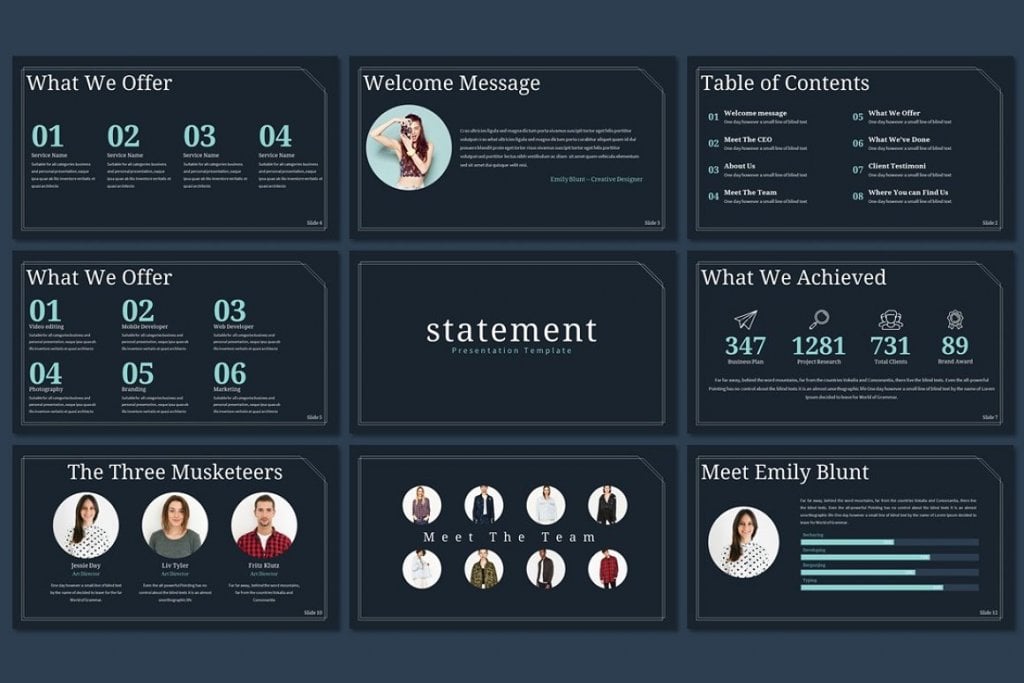 Statement - Free Clean Powerpoint Template Preview: what we offer, welcome message, table of contents, what we achieved, the three musketeers