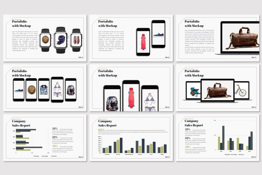 Seattle - Free Startup Powerpoint Template preview: portfolio with mockup, company sales report