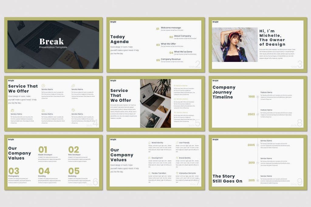 BBright PowerPoint presentation template preview: today agenda, service that we offer, company journey timeline, our company values, the story still goes on