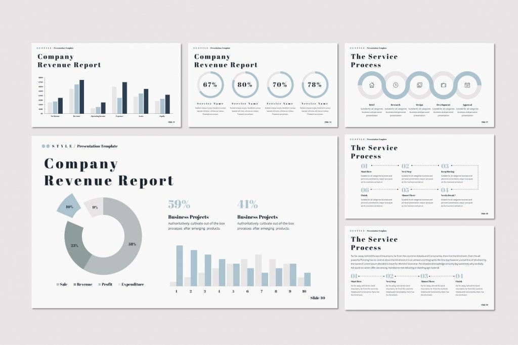 Style presentation template preview: company revenue report, the service process