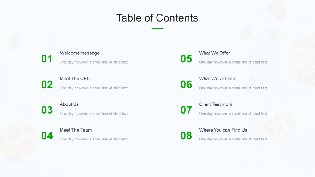 Free Healthy Food PowerPoint Template table of contents