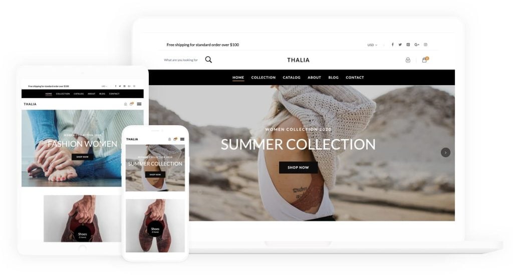 Thalia theme has a clean and minimalist look, is perfect for fashion outlets. It has many outstanding features such as a responsive slideshow, advanced filters and swatches, and slide-out (Ajax) cart. 