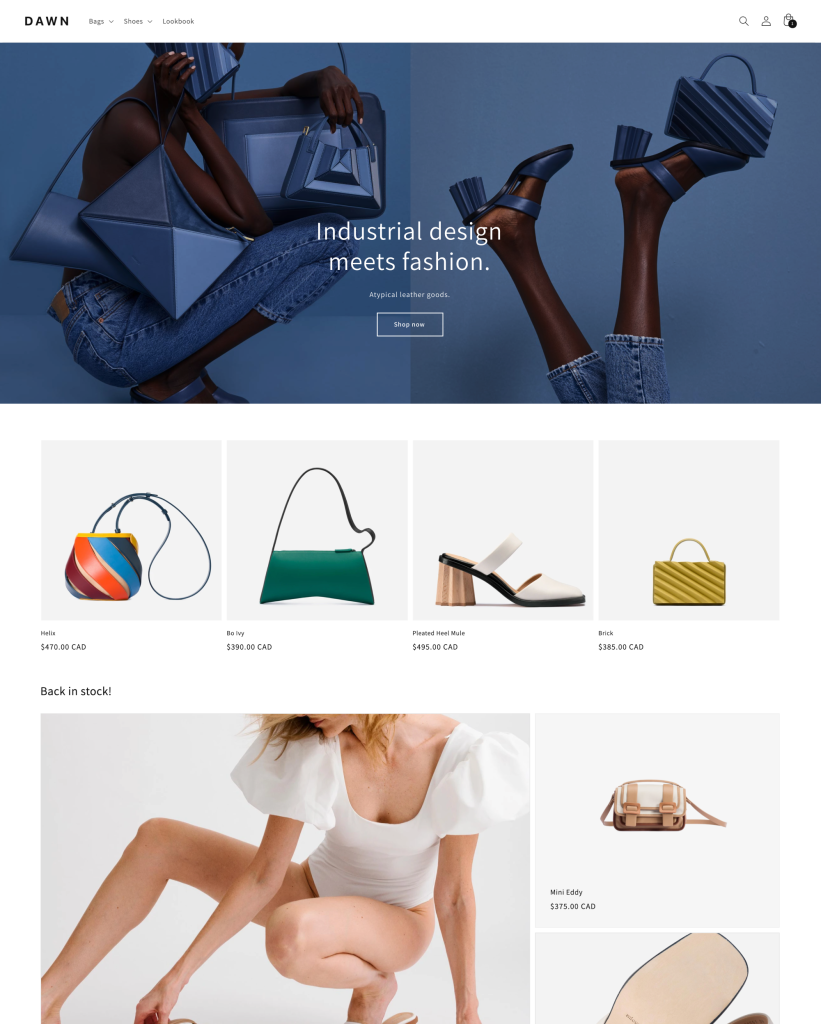 Dawn is a modern and flexible Shopify theme designed for clothing and accessories