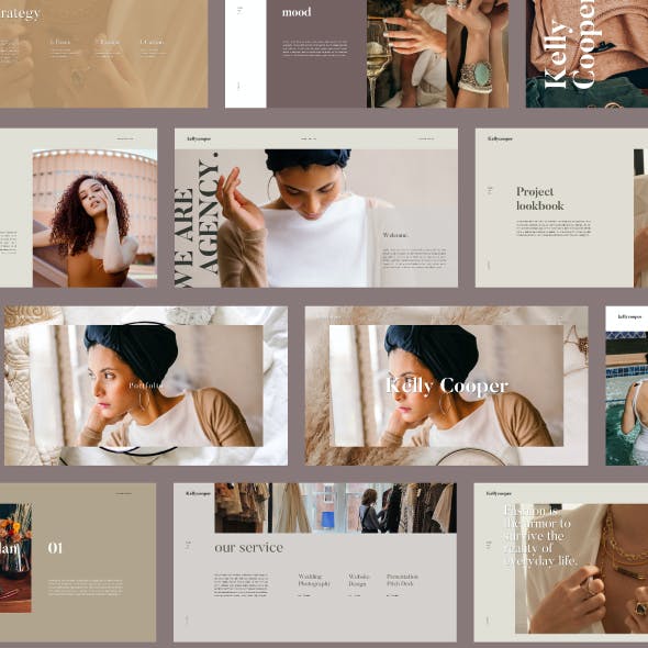 Kelly Cooper is retro magazine Powerpoint Template inspired by Lookbook, Minimal, Simple theme and style.