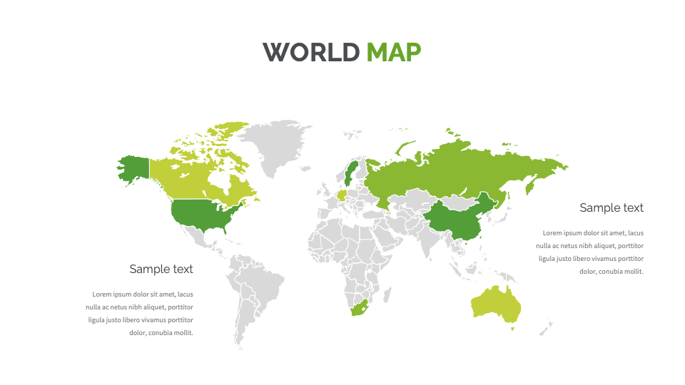 Editable world map slide of the Green Environment Presentation Template