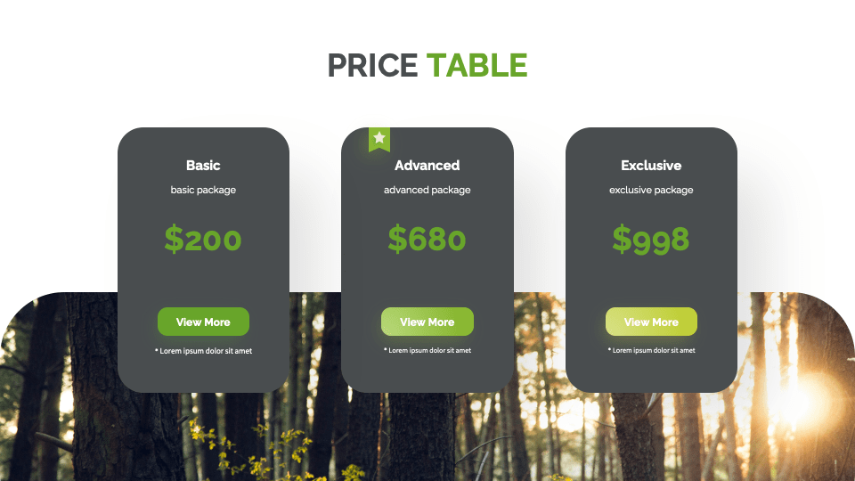 Price table slide of the Green Environment Presentation Template