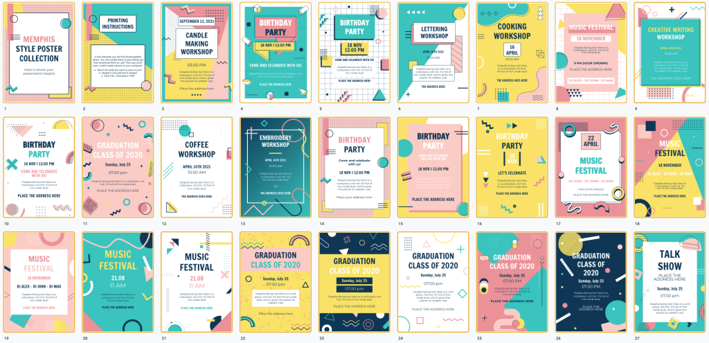 Promote events with this Memphis-style poster template collection. It has 33 designs in A3 format and is ready to print.