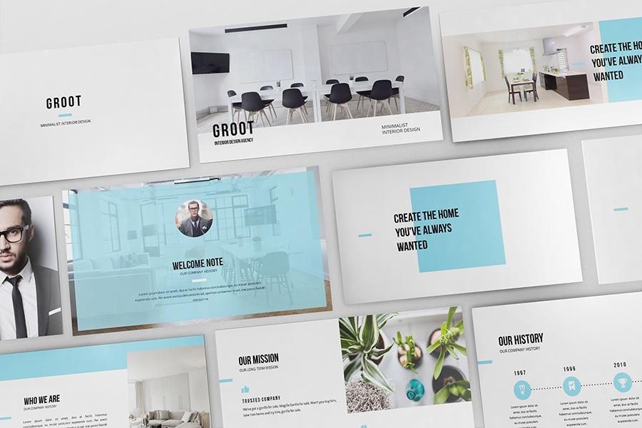 Preview of Groot PowerPoint template, our pick of the best interior design company presentation template