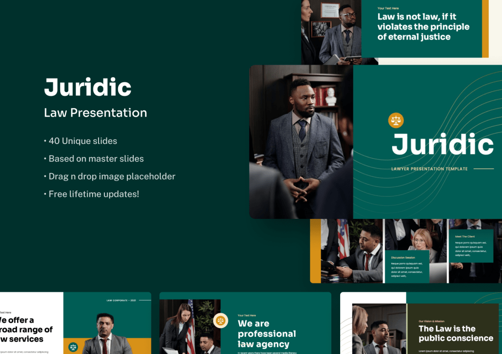 This is a preview of the Juridic Google Slides template, our pick of the best Google Slides Law Theme