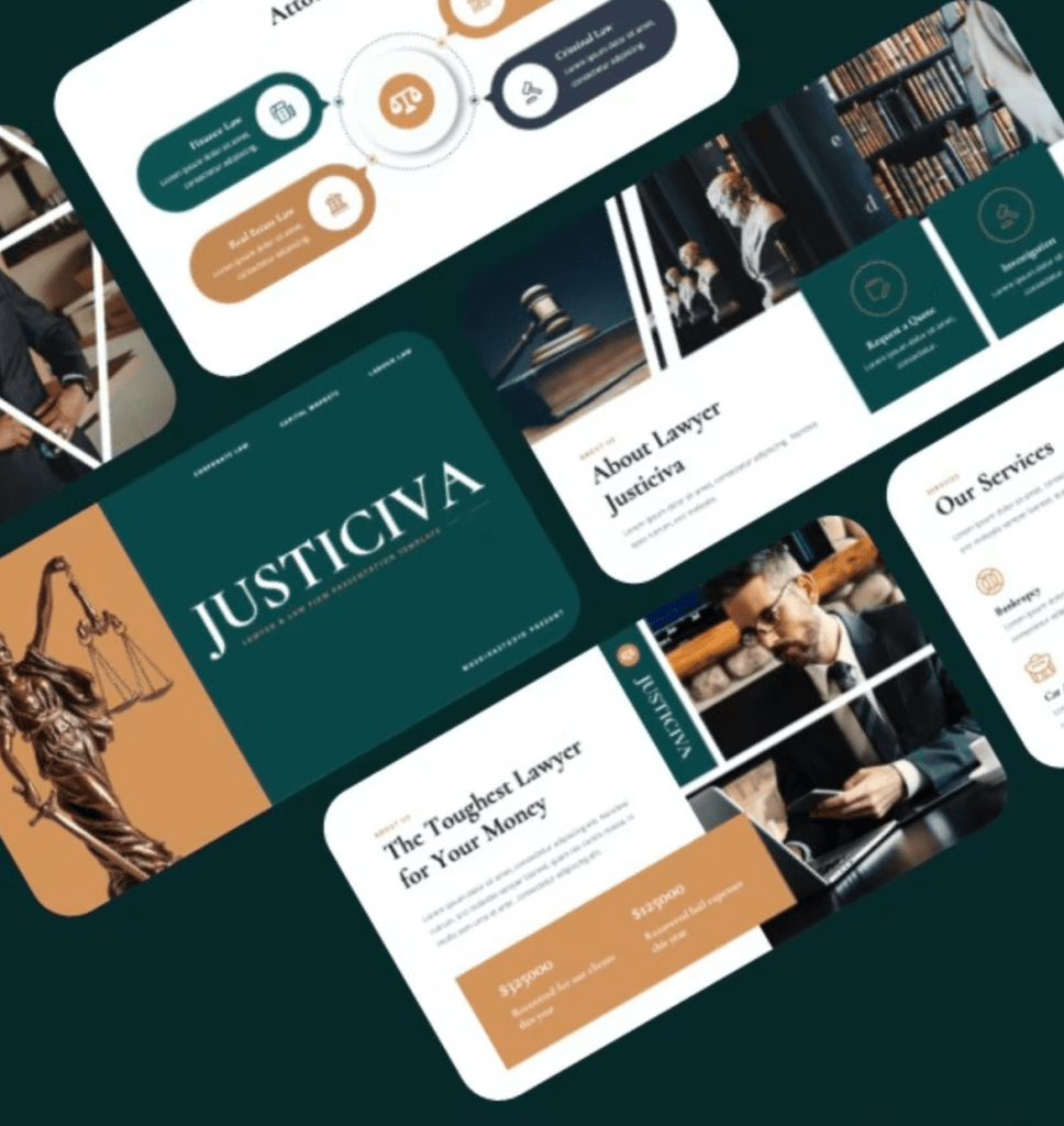 This is a preview of Justiciva Google Slides Template, our pick of the best Google Slides Law Theme for lawyer and law firm