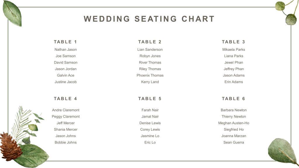 Green color wedding seating chart template