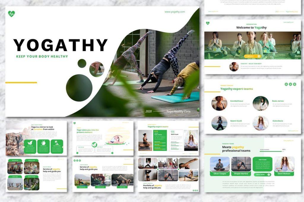 Preview of YOGATHY PPT template, our pick of the best sports PowerPoint templates for yoga
