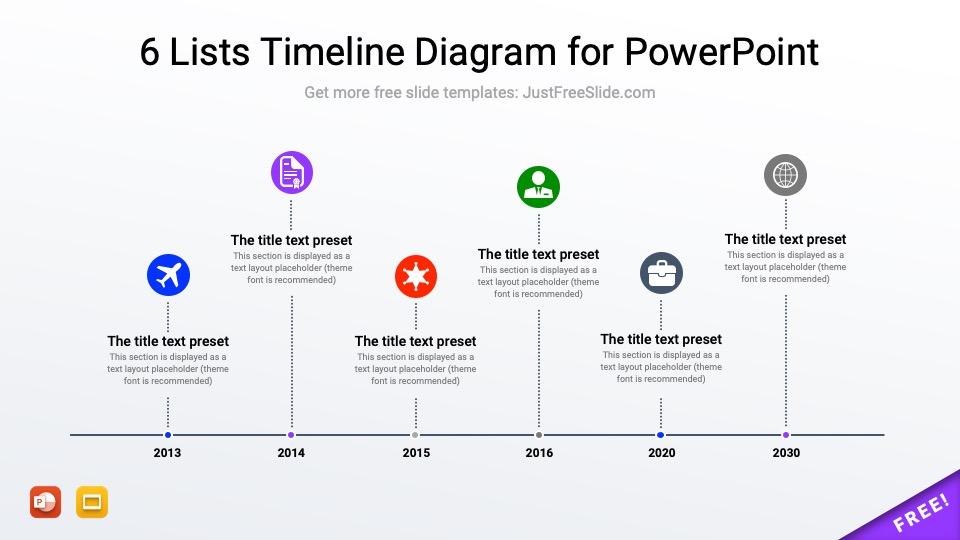 Free 6 Lists Timeline Diagram for PowerPoint