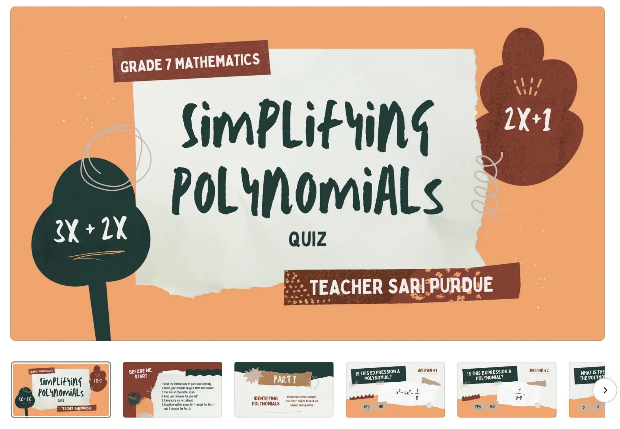 Grade 7 Mathematics simplifying polynomials Quiz Presentation Template