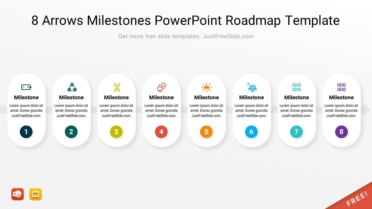 8 Arrows Milestones PowerPoint Roadmap Template (13 Slides)