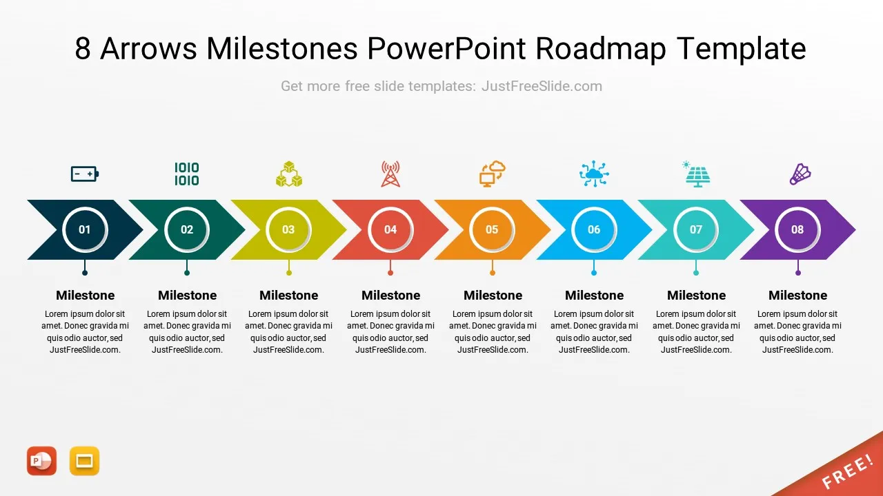 8 Arrows Milestones Powerpoint Roadmap Template 13 Slides Just Free Slide 7685