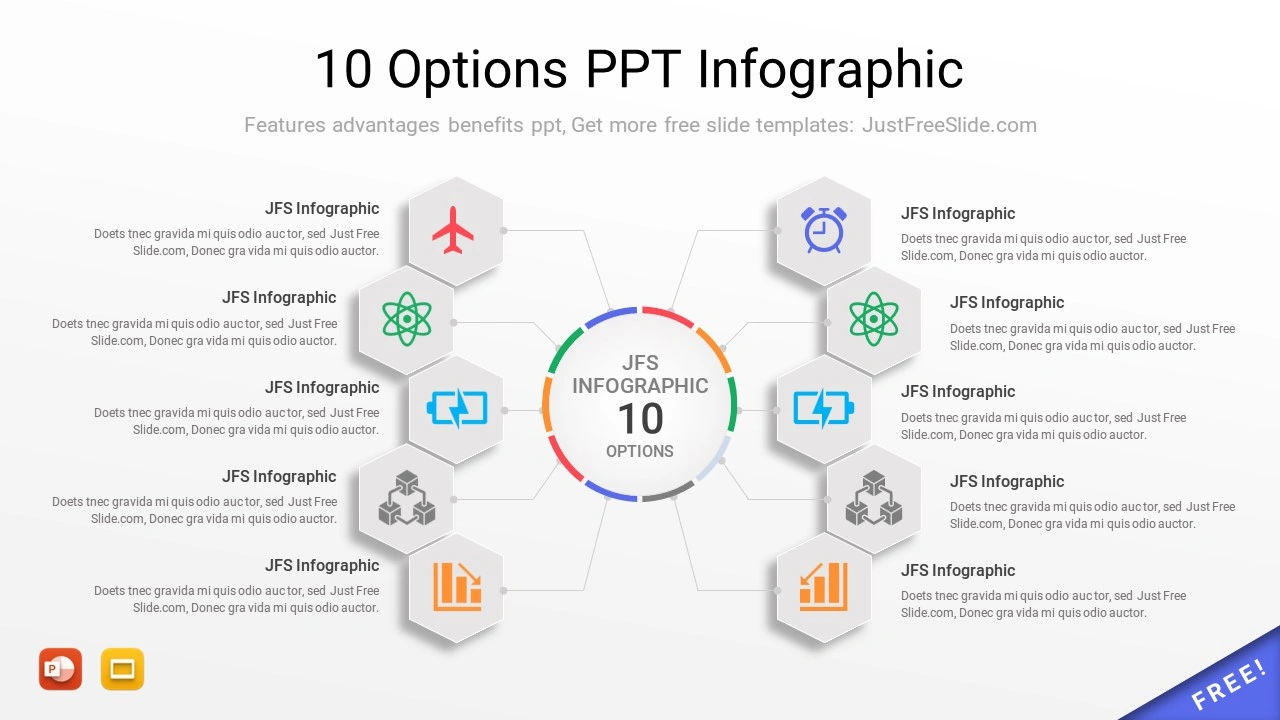10 Options PPT Infographic - Hexagon Style