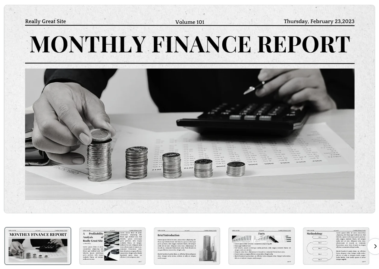 Newspaper style monthly finance report presentation template