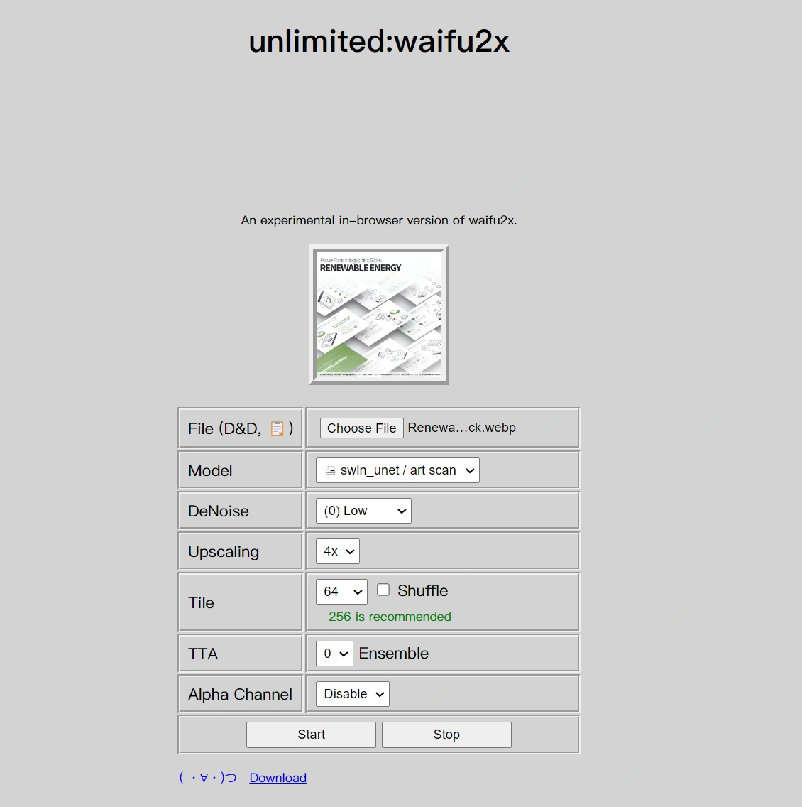 A screnshot of waifu2x - An experimental in-browser version of waifu2x