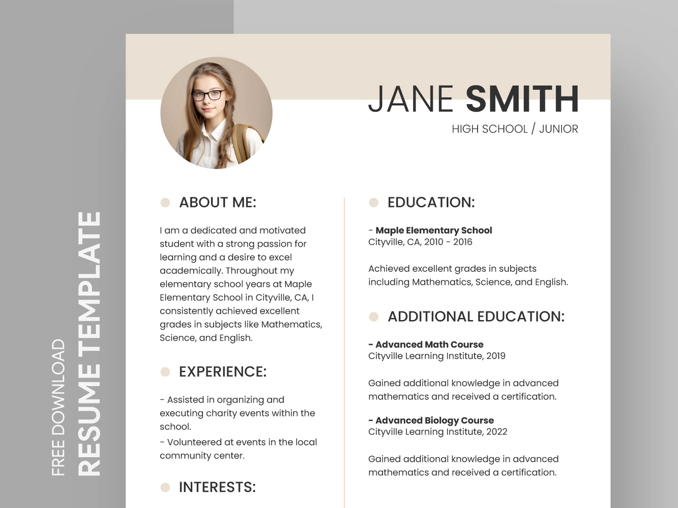 Free google Slides Resume Template for High School students