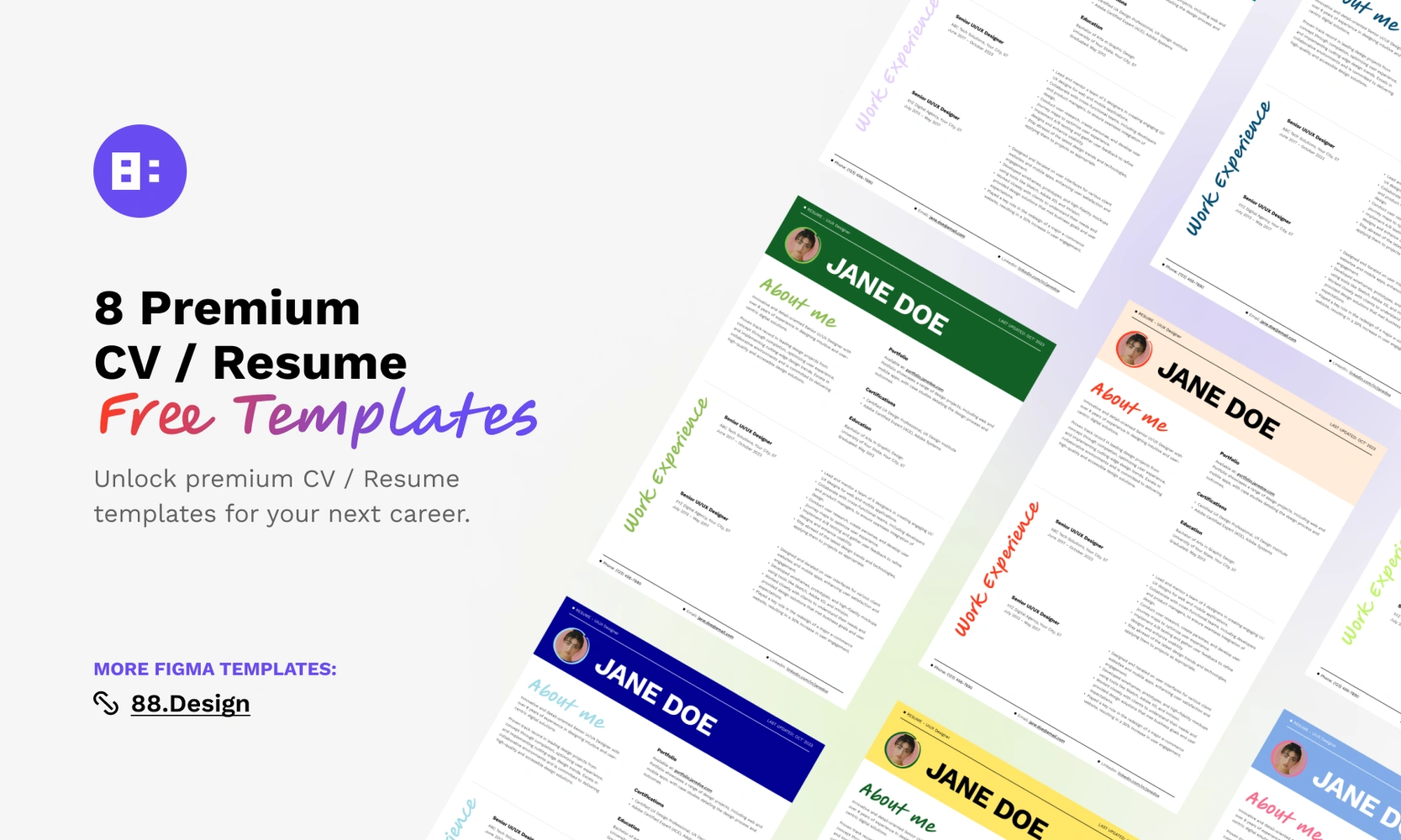 Free Modern CV / Resume Templates, design by 88.Design