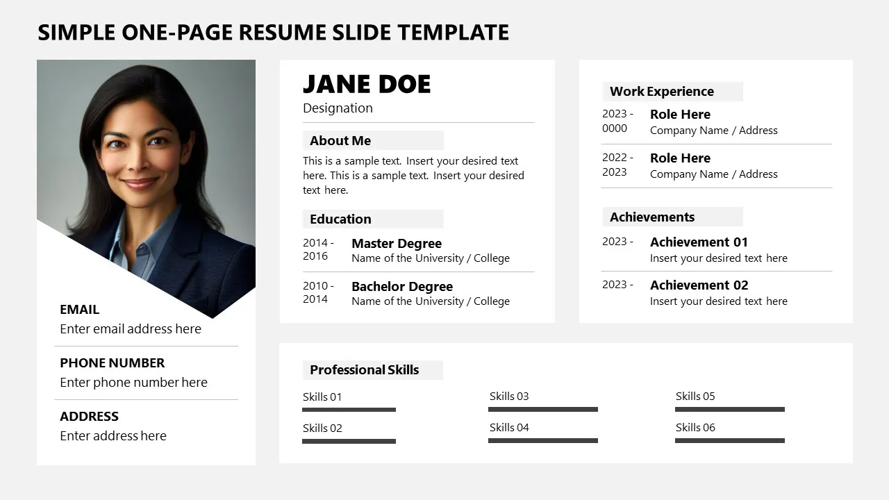 Free Simple One page Resume Template for PowerPoint